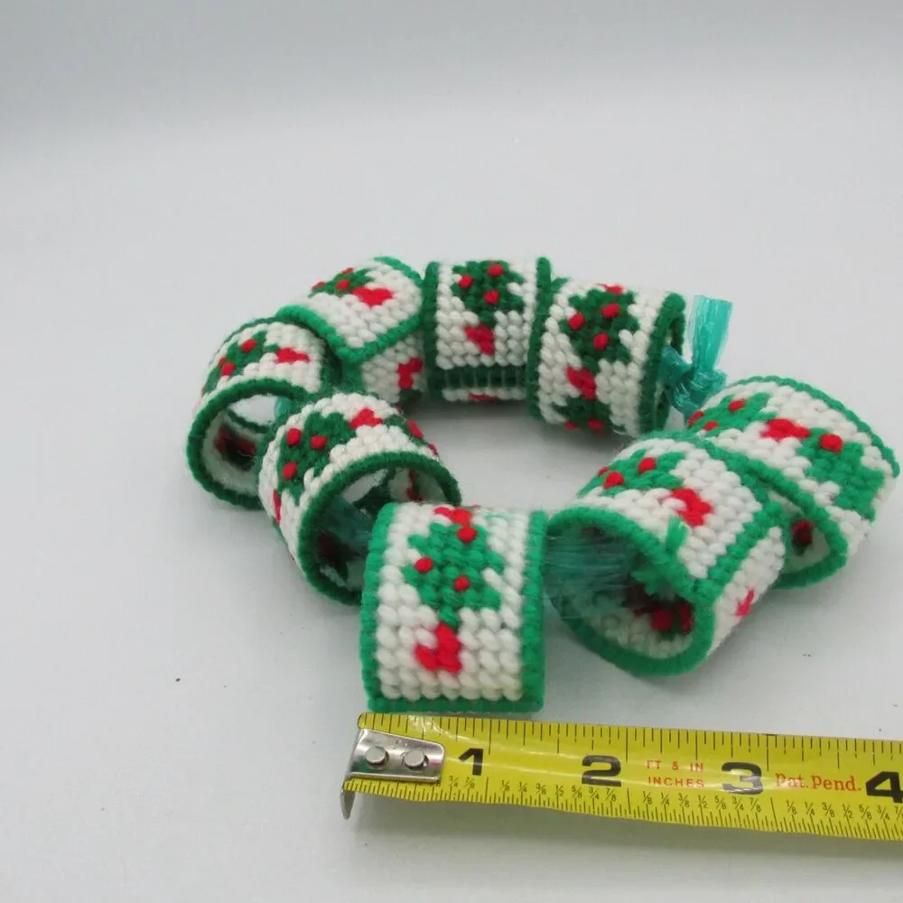 Vintage Christmas Napkin Rings Handmade Plastic Canvas Holly  Set of 8
